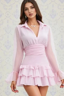 Robe rose bon bon courte manches transparentes