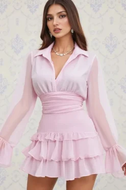 Robe rose bon bon courte manches transparentes