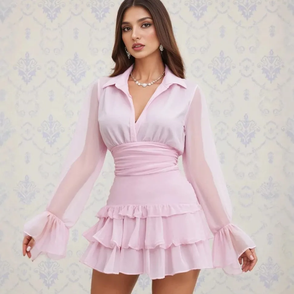 Robe rose bon bon courte manches transparentes