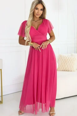 Robe rose longue chic manches courtes