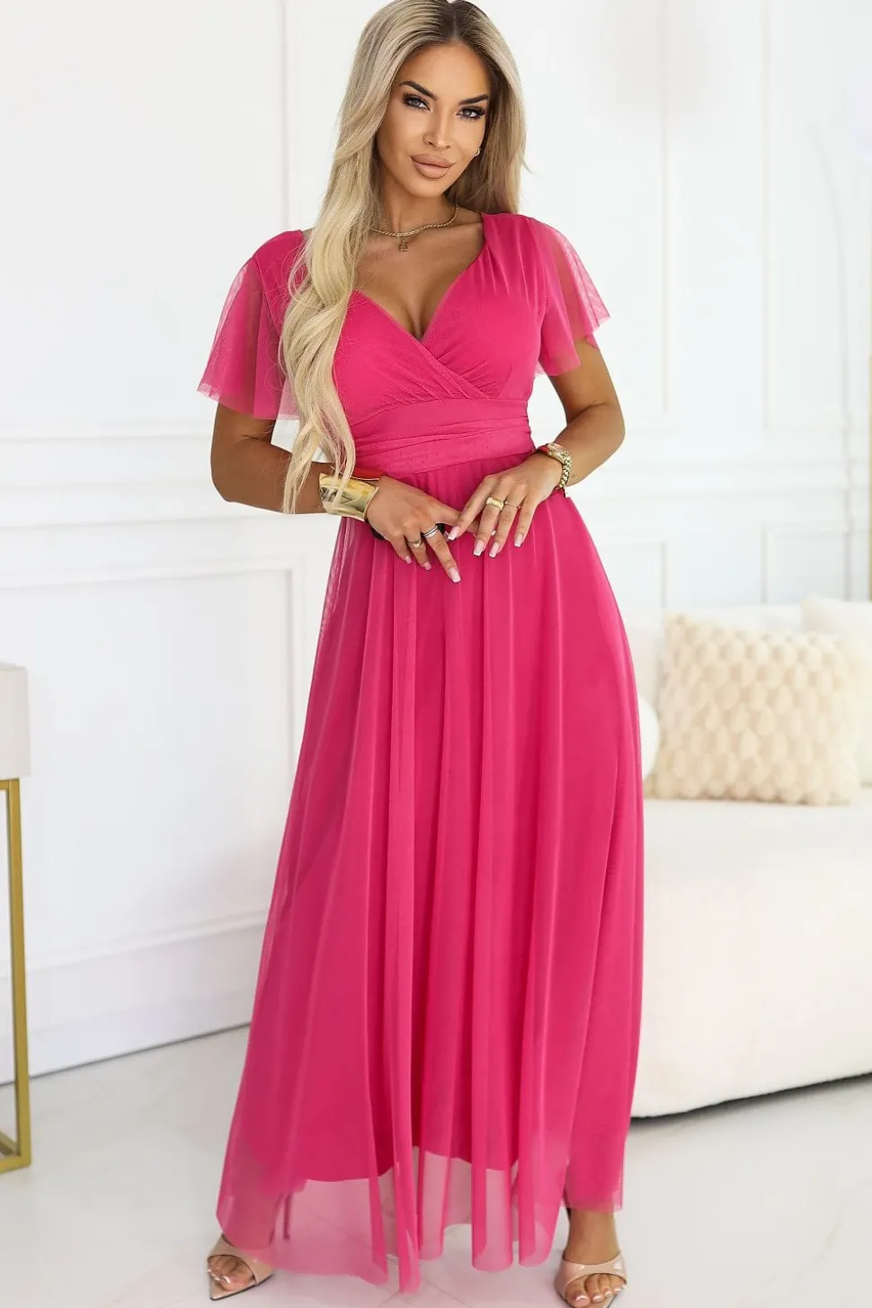 Robe rose longue chic manches courtes