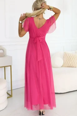 Robe rose longue chic manches courtes