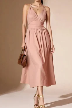 Robe rose poudrée midi évasée à bretelles