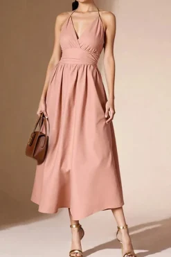 Robe rose poudrée midi évasée à bretelles