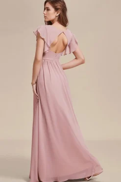 Robes demoiselle d'honneur rose poudré avec ceinture et volants