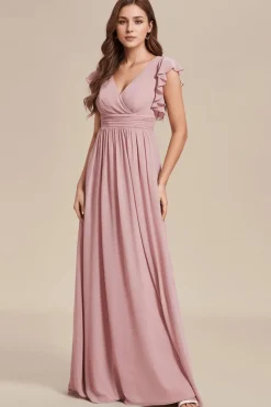 Robes demoiselle d'honneur rose poudré avec ceinture et volants