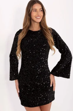 Robe sequin courte noire manches longues