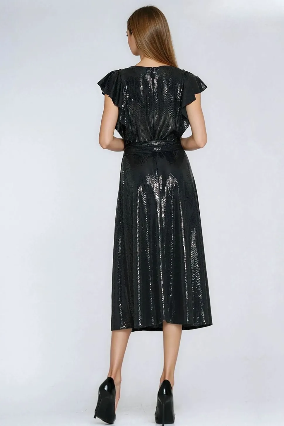 Robe sequin noire midi manches courtes