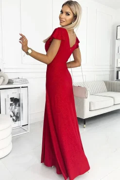 Robe sequin rouge longue fendue manches courtes