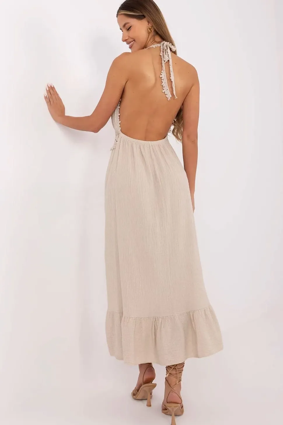 Robe été beige midi en gaze de coton dos nu