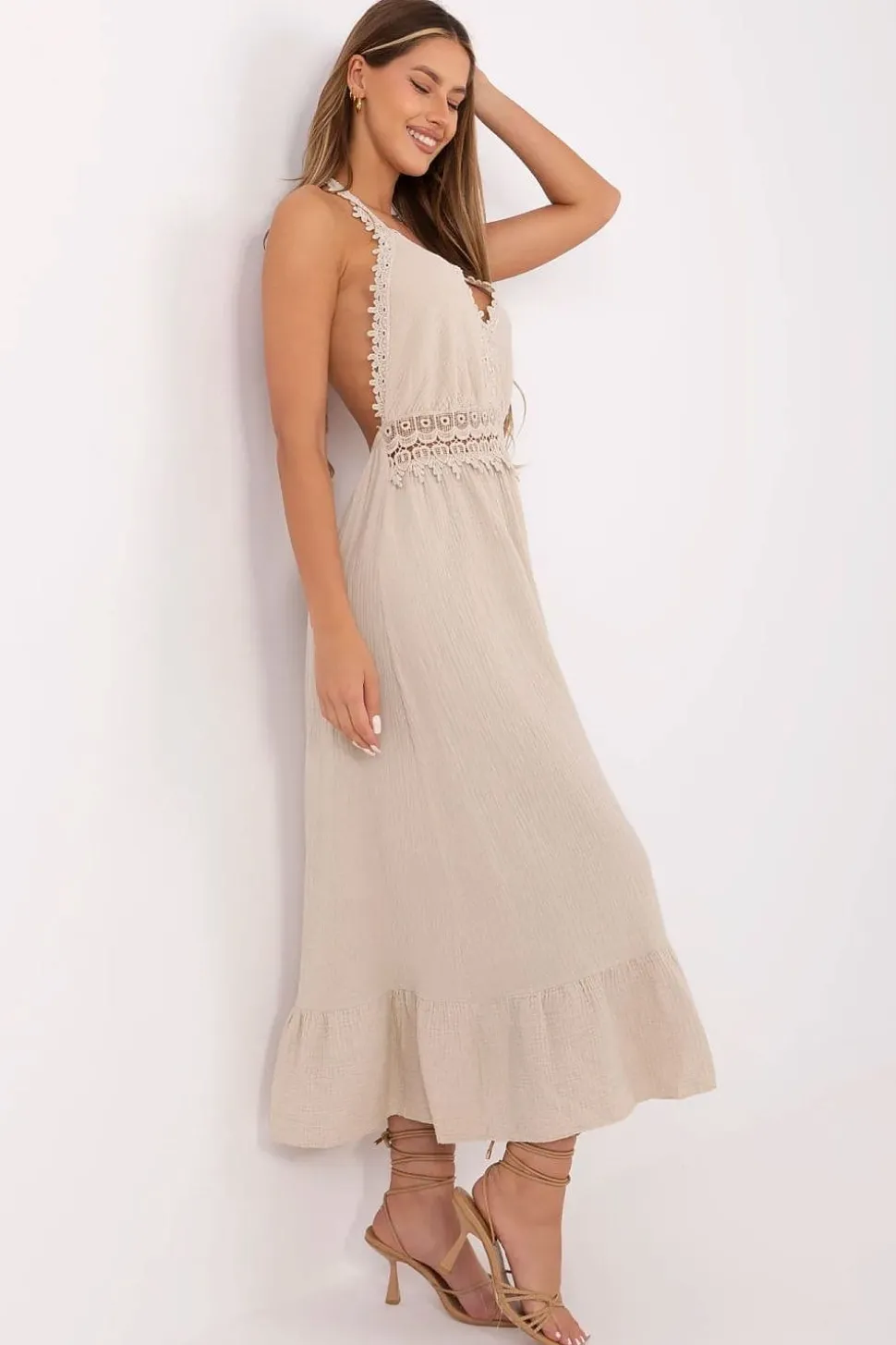 Robe été beige midi en gaze de coton dos nu