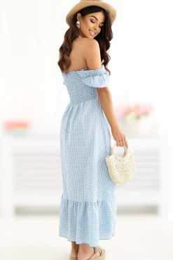 Robe été bohème bleue épaules dénudées