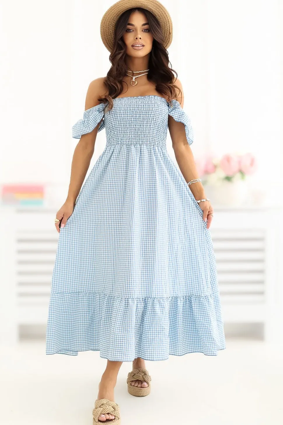 Robe été bohème bleue épaules dénudées