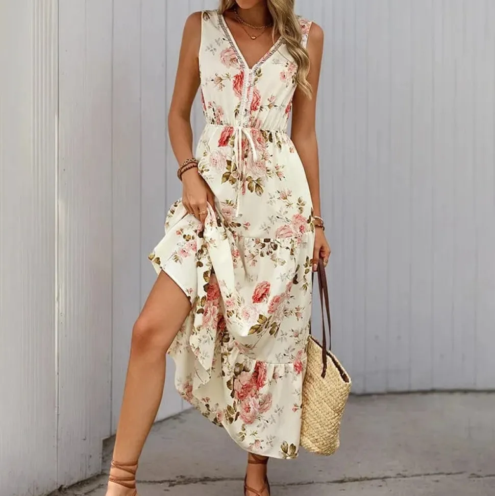 Robe été bohème imprimé floral sans manches