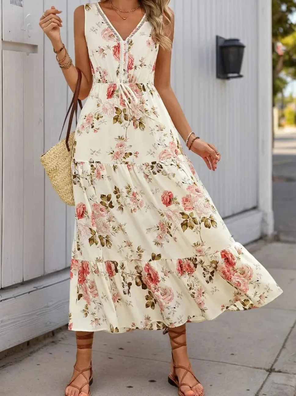 Robe été bohème imprimé floral sans manches
