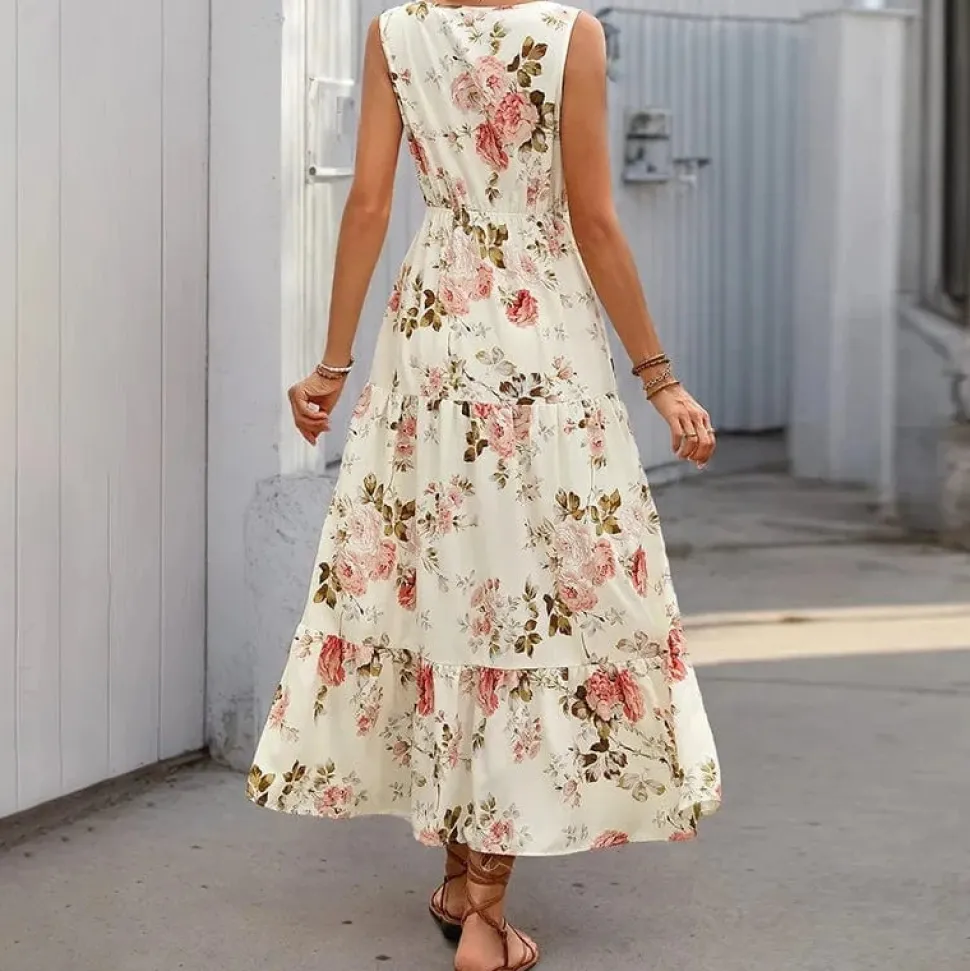 Robe été bohème imprimé floral sans manches