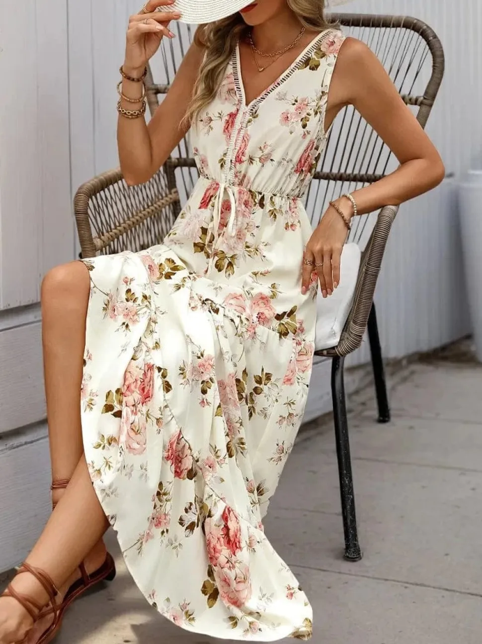 Robe été bohème imprimé floral sans manches