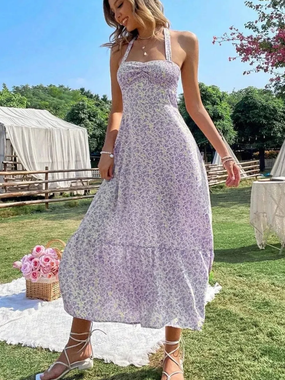 Robe été dos nu midi fleurie bohème