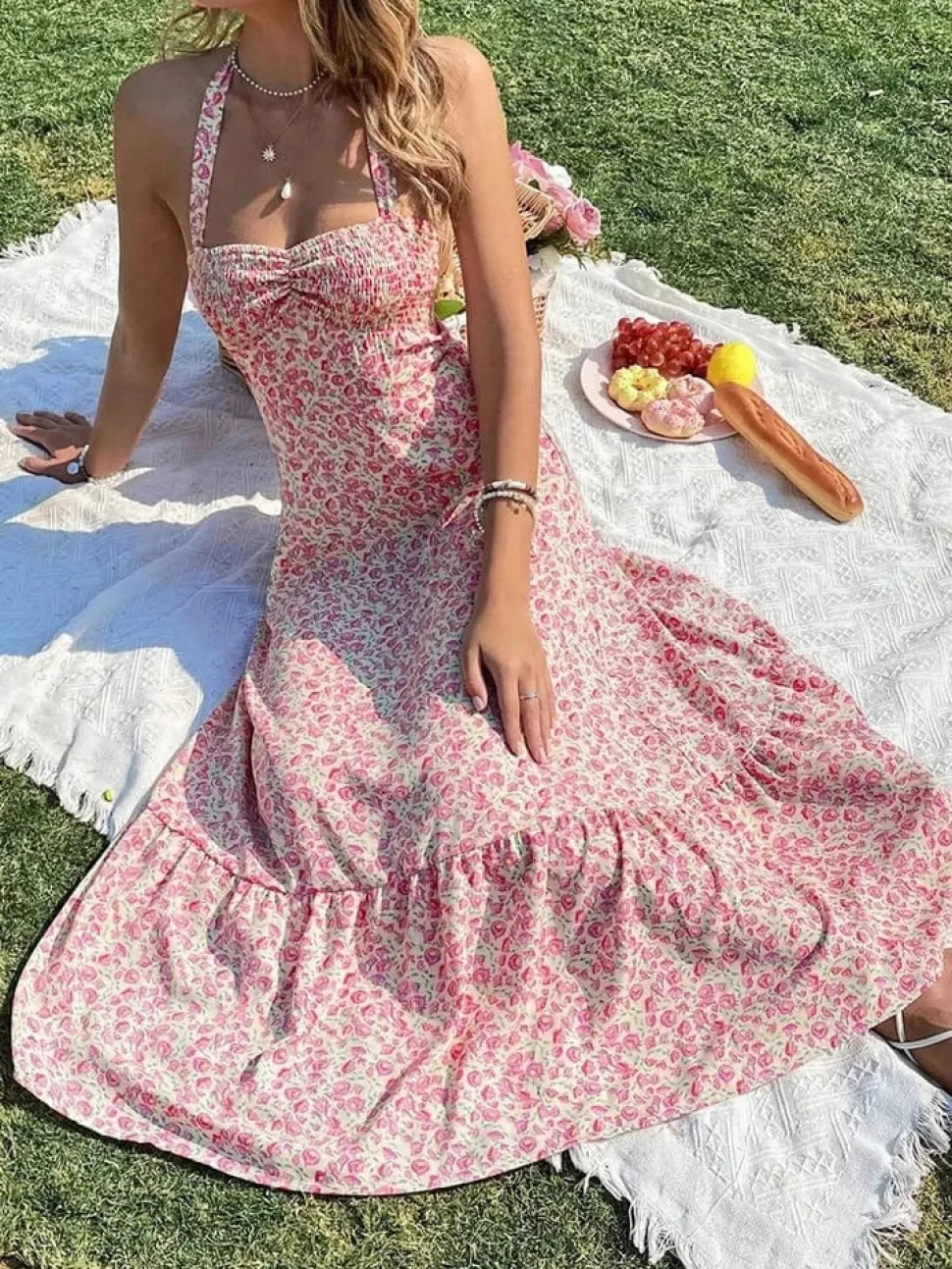 Robe été dos nu midi fleurie bohème