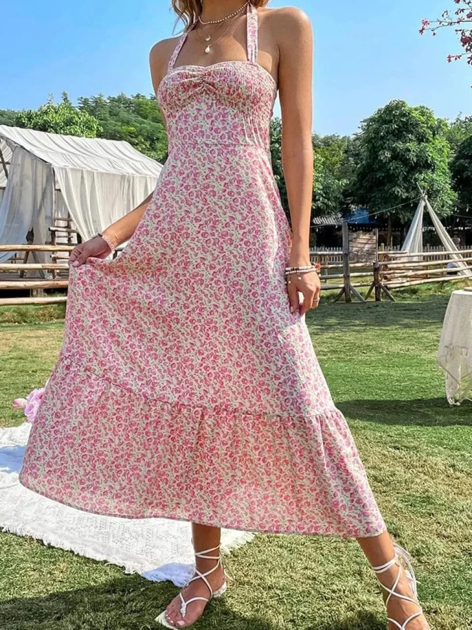 Robe été dos nu midi fleurie bohème