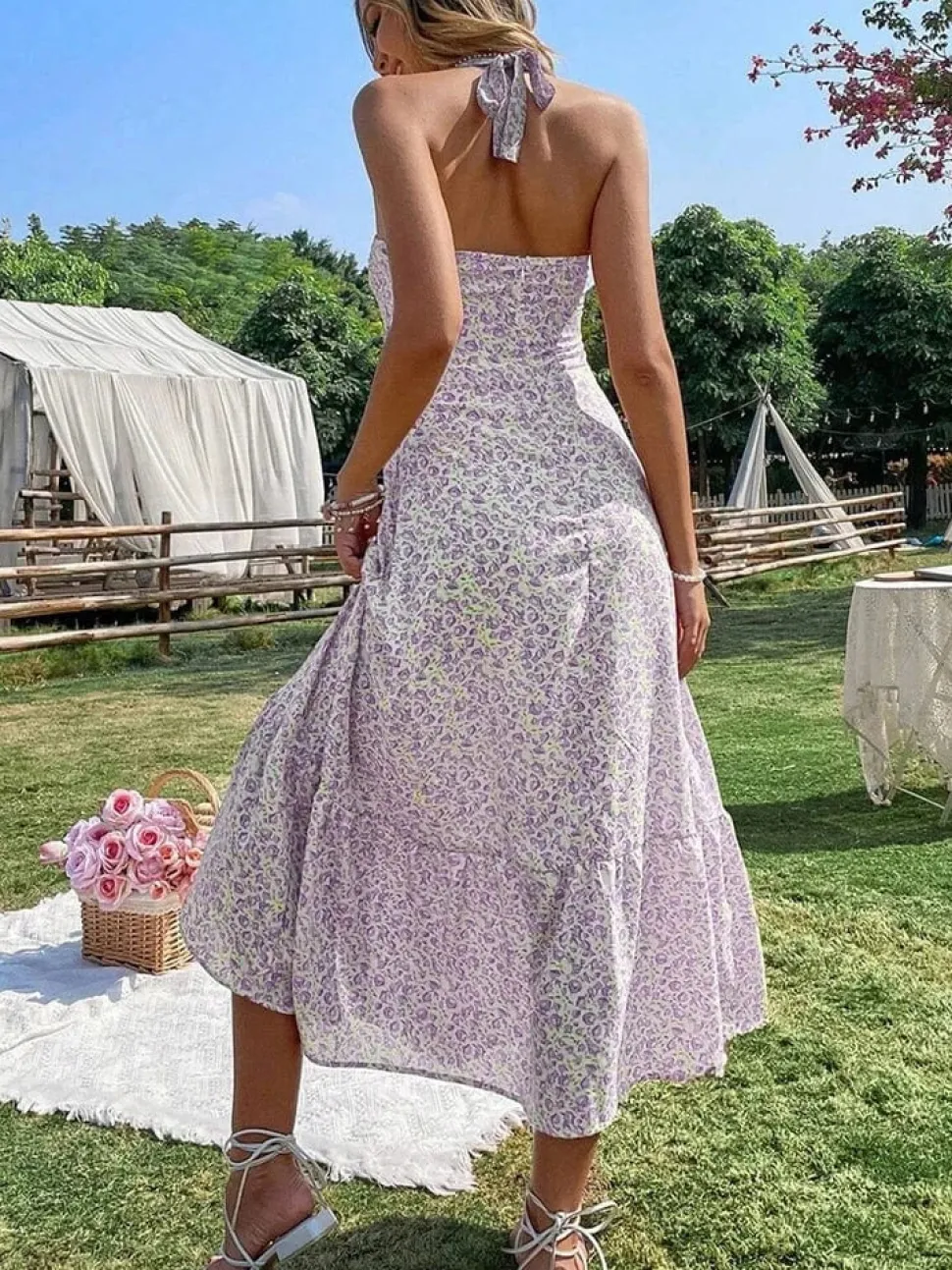 Robe été dos nu midi fleurie bohème