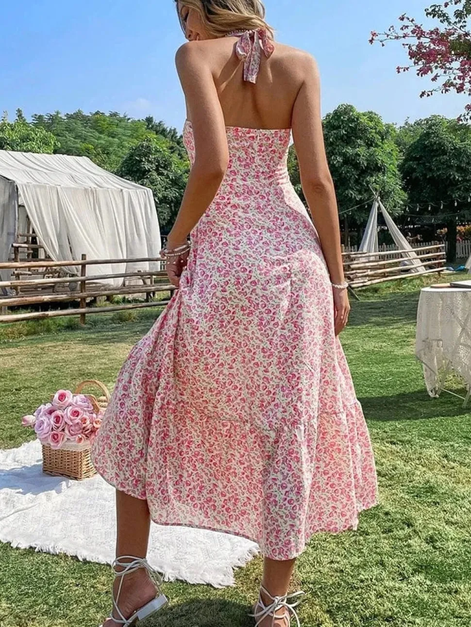 Robe été dos nu midi fleurie bohème