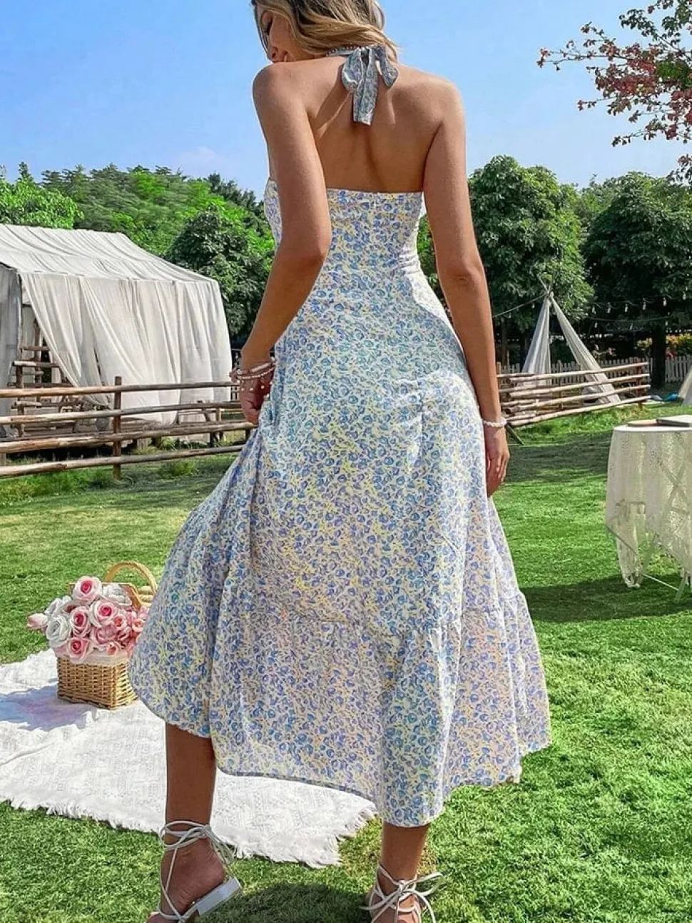 Robe été dos nu midi fleurie bohème