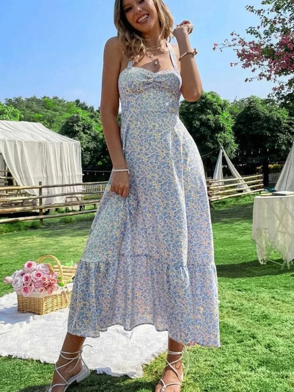 Robe été dos nu midi fleurie bohème