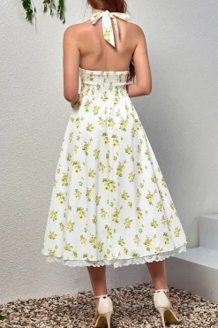 Robe été fleurie midi fluide décolleté profond
