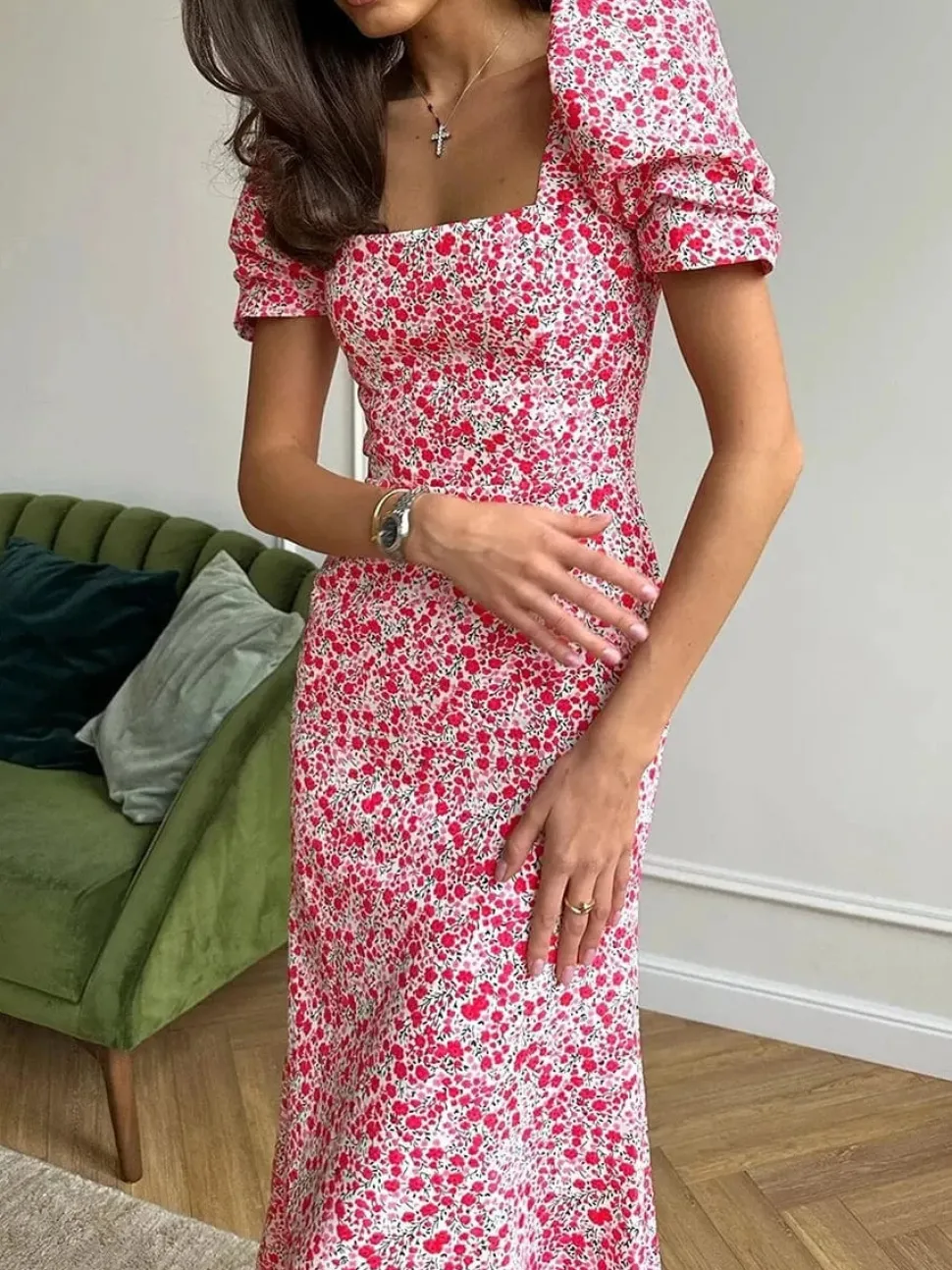 Robe été fleurie midi manches bouffantes