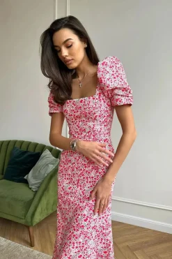 Robe été fleurie midi manches bouffantes