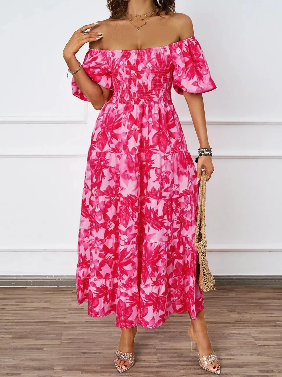 Robe été florale épaules dénudées midi