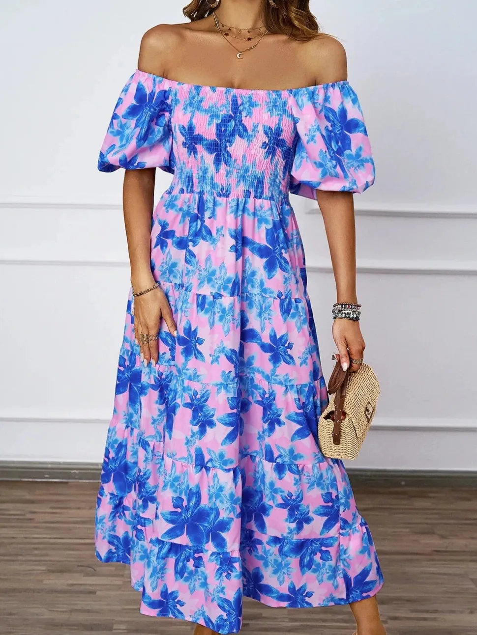 Robe été florale épaules dénudées midi