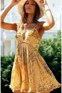 Robe été jaune courte dos nu