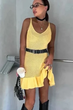Robe été jaune crochet courte
