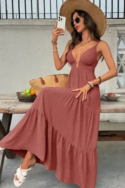 Robe été longue bohème teinte marron rosé