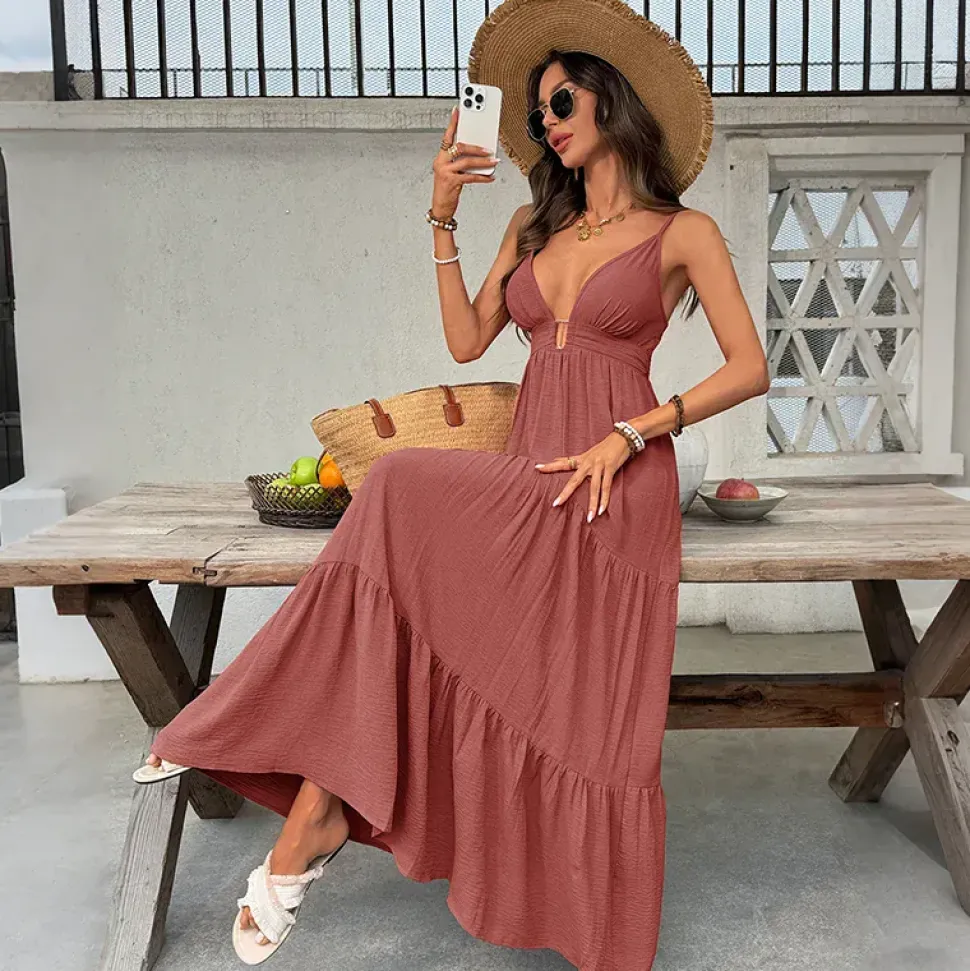 Robe été longue bohème teinte marron rosé