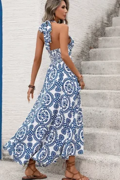 Robe été longue à dos nu avec imprimé médaillon floral bleu roi