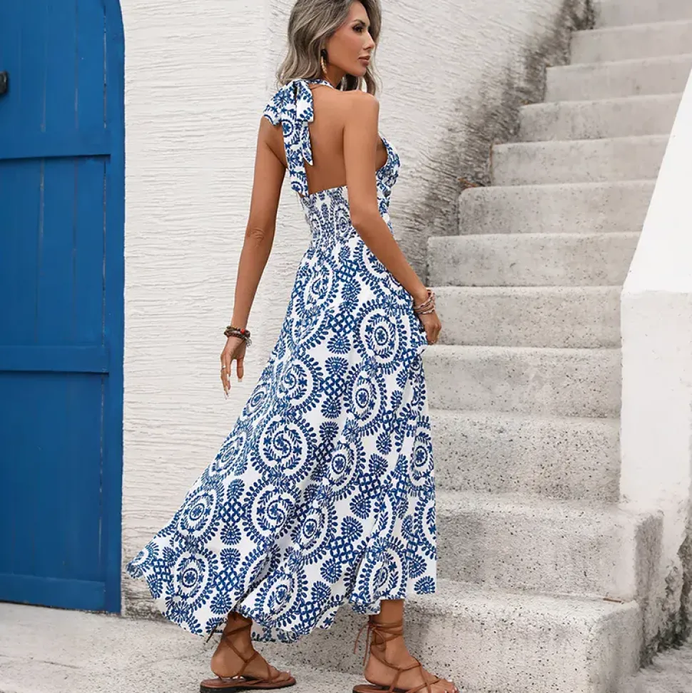 Robe été longue à dos nu avec imprimé médaillon floral bleu roi