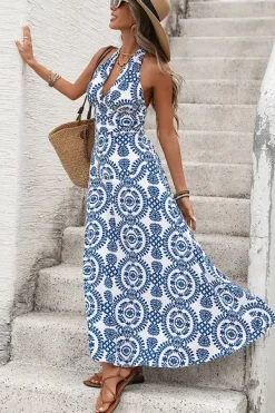 Robe été longue à dos nu avec imprimé médaillon floral bleu roi