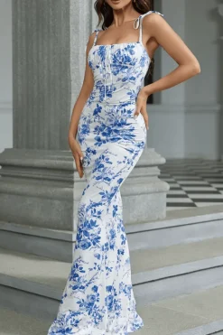 Robe été longue fleurie moulante bleue