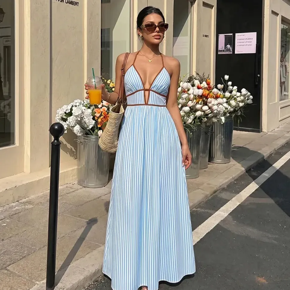 Robe été longue rayée avec dos nu américain
