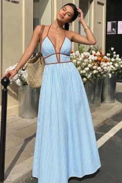 Robe été longue rayée avec dos nu américain