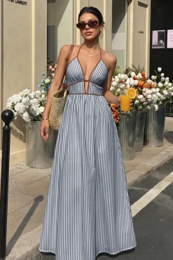 Robe été longue rayée avec dos nu américain
