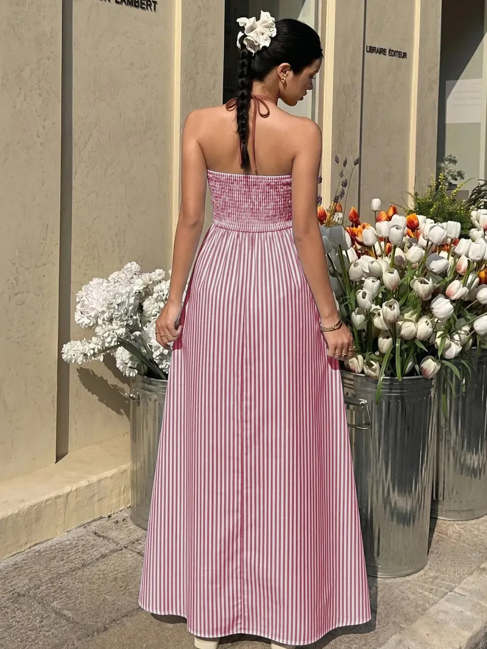 Robe été longue rayée avec dos nu américain