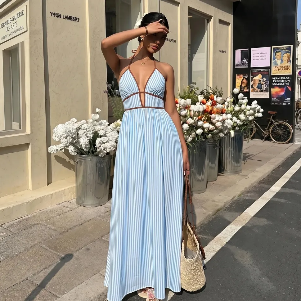 Robe été longue rayée avec dos nu américain
