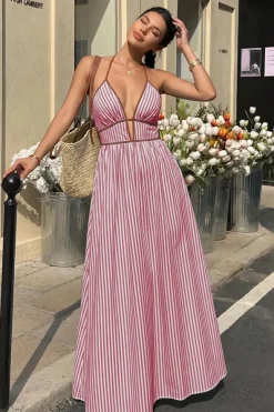 Robe été longue rayée avec dos nu américain