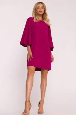 Robe trapèze courte rose manches longues chic