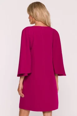 Robe trapèze courte rose manches longues chic