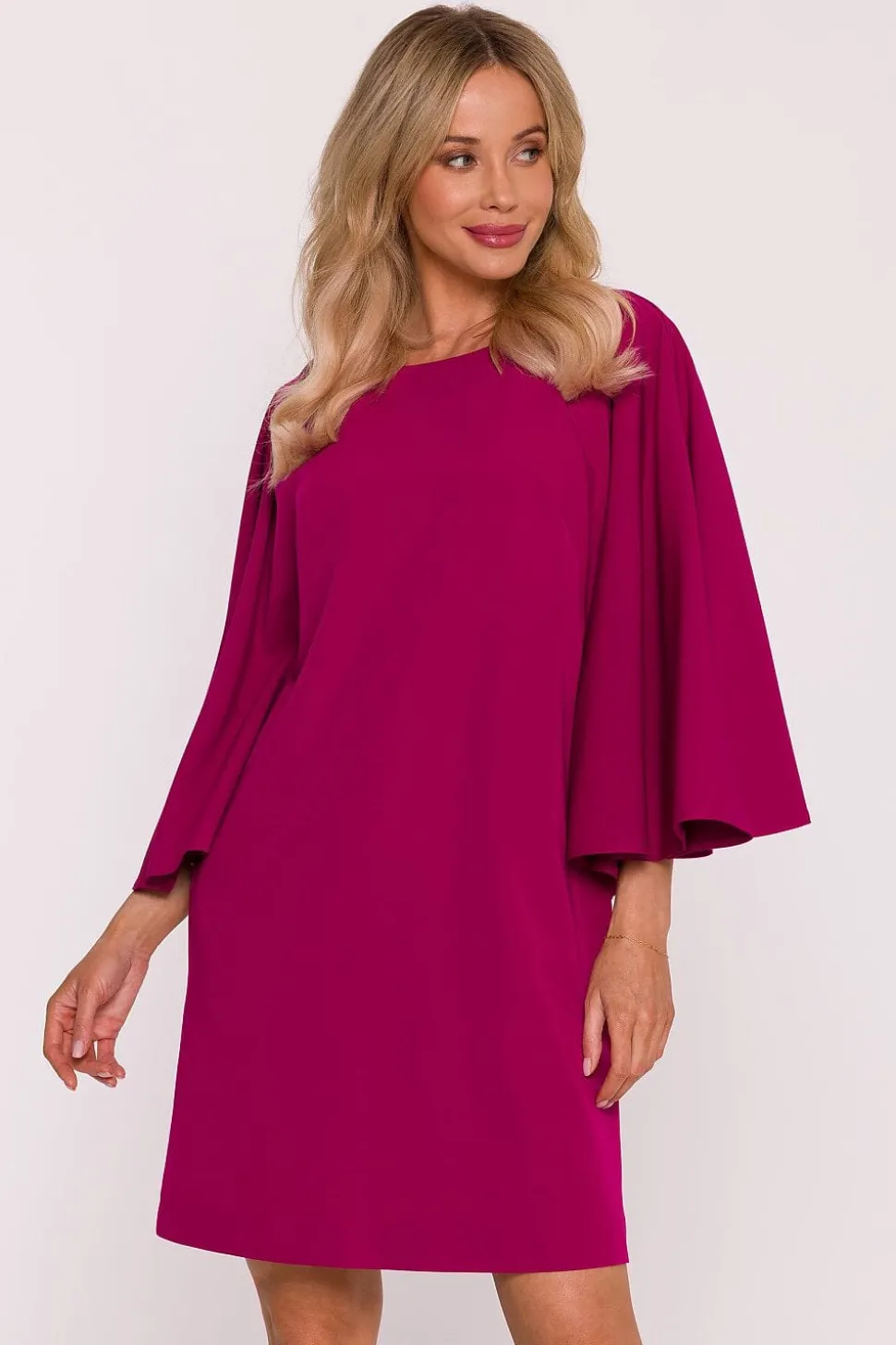 Robe trapèze courte rose manches longues chic